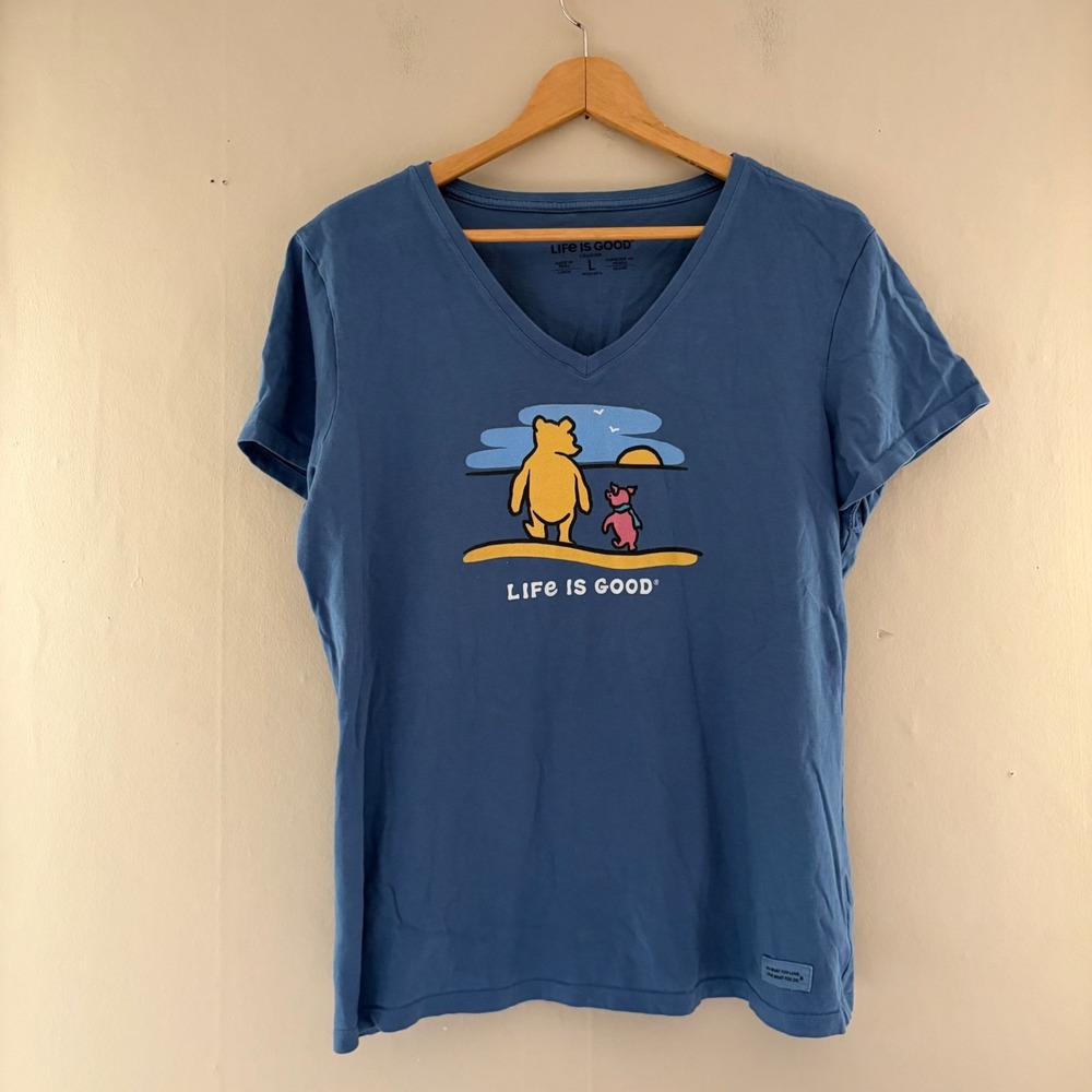 Life Is Good Womens Crusher Tee Size L Blue Winnie the Pooh Piglet Casual